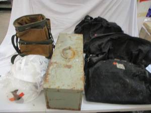 Toolbox, tool bags and 2 hard hats...