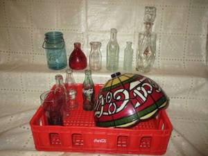Coca Cola crate, lamp shade and bot...