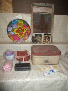 Wash board, sewing basket and items...