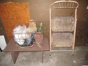 Metal crate with boots and platic g...