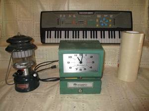 Keyboard, punch time clock, lantern...