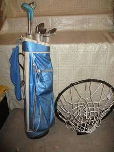Basketball hoop, golf clubs and bag...