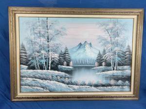 Framed Original Winter Mountain Lake Painting on Canvas 42x 30