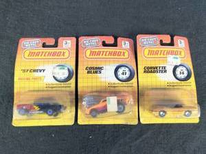 Vintage Lot of 3 Carded Matchbox Cars 57 Chevy, Corvette, Cosmic Blues