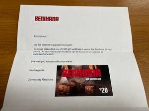 lot 50 image: $20 Benihana Gift Card