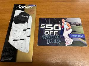 lot 56 image: $50 Top Golf Game Play Gift Card  Golf Glove