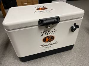 lot 88 image: 54 Quart Titos Vodka Classic Metal Cooler & Accessories