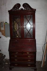 lot 34 image: Antique Carved Mahogany Secretary Desk with Glass Front Doors