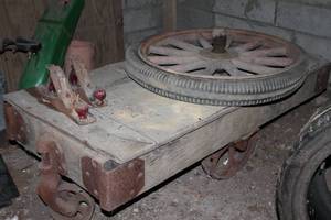 lot 38 image: Rustic Antique Wooden Cart with Two Hand Planes and Wooden Wagon Wheels