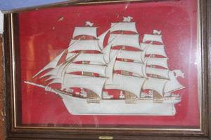 lot 59 image: Framed 3D Sailboat Artwork on Red Velvet Background