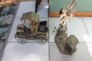 lot 67 image: Vintage Metal Car and Windmill Figurines