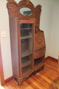 lot 77 image: Antique Oak Secretary Desk with Curved Glass Cabinet