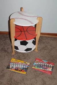 lot 92 image: Sports-Themed Shelf with Jacquard Lumiere & Dye-Na-Flow Paint Sets
