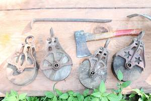 lot 129 image: Vintage Pulley Wheels and Tools Lot