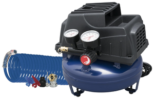 lot 159 image: Campbell Hausfeld Air Compressor, 1 Gallon, Pancake, Oilless Pump, 110 PSI w Recoil Air Hose & Inflation Kit