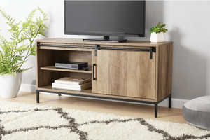 lot 543 image: Mainstays TV Stand, for TVs up to 54, Rustic Weathered Oak Finish