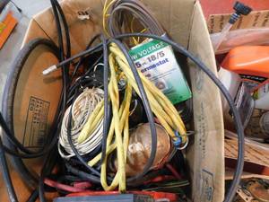 lot 69 image: Lot of garage items, spools of wire, hinges, vents, nailers...