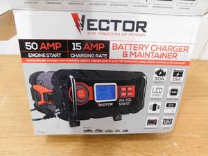 lot 120 image: VECTOR 15 Amp Automatic 12V Battery Charger with 50 Amp Engine Start and Alternator Check