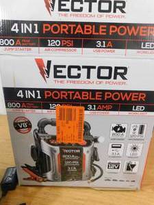 lot 128 image: VECTOR 800 Peak Amp Automotive Jump Starter, Portable Power - Triple 15W USB Ports, 120 PSI Air Compressor