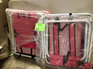 lot 34 image: Winado Portable 2 Pack Barbie Pink Steel Folding Adjustable Headrest Beach Chair