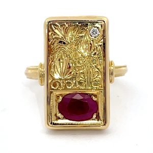 lot 2 image: Made in Athens Handcrafted Designer Athena Gaia Ruby & Diamond Anthemion Long Ring in 18k Yellow Gold Retail Value $4,160 VIDEO