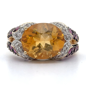 lot 3 image: Ornate Citrine, Diamond & Pave Ruby Domed Estate Ring in 14k Gold VIDEO