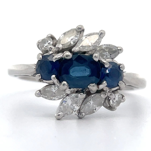 lot 7 image: Estate Three-Stone Blue Sapphire & Diamond Cluster Bouquet Ring in Platinum VIDEO