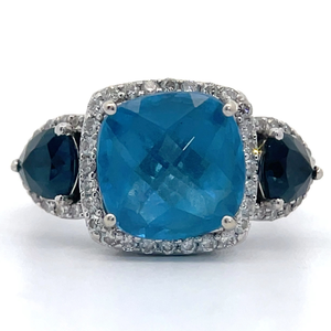lot 13 image: Blue Topaz & Diamond Triple Halo Filigree Ring in 14k White Gold VIDEO