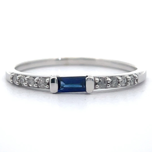 lot 23 image: Blue Sapphire Baguette & Diamond Slim Stacking Ring in White Gold