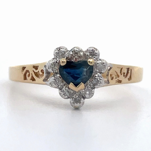 lot 26 image: Blue Sapphire & Diamond Heart Halo Trellis Openwork Ring in 14k Yellow Gold VIDEO