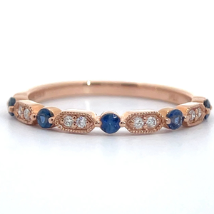 lot 31 image: Estate Round Blue Sapphire & Diamond Geometric Textured Stacking Ring in 14k Rose Gold VIDEO