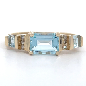 lot 36 image: Emerald Cut Blue Topaz & Diamond Channel Bar Filigree Ring in 14k Yellow Gold VIDEO