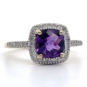 lot 38 image: NEW Vibrant Amethyst & Diamond Cushion Halo Ring in 14k Yellow Gold VIDEO