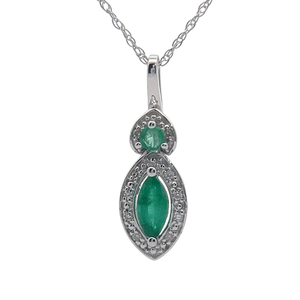lot 27 image: NEW Natural Emerald & Diamond Double Drop Pendant Necklace in White Gold