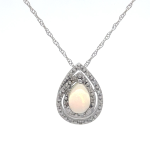 lot 34 image: NEW Pear White Opal & Diamond Double Halo Pendant Necklace in 14k White Gold VIDEO