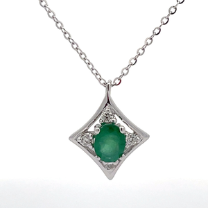 lot 37 image: 0.55 Carat Oval Emerald & Diamond Square Bezel Pendant Necklace in 14k White Gold VIDEO