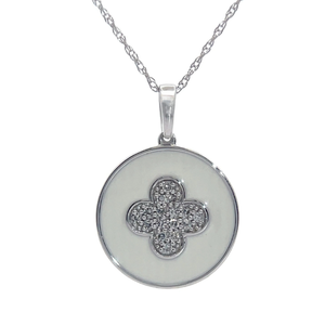 lot 48 image: Van Cleef Style 0.15 Carat Diamond & White Enamel Pendant Necklace in White Gold