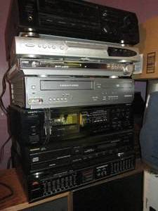 Stack of Onkyo, Emerson, Fisher, Sa...