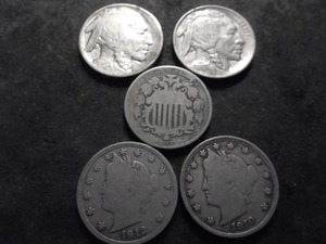 lot 57 image: 1867 Shield Nickel, 2 V-Nickels With No Mint Mark One With Mint Mark, Type One & Type Two Buffalo Nickels