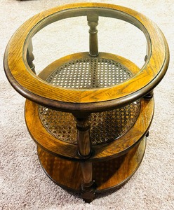 lot 228 image: Lovely Wooden 3 Tier Table with Round Glass Top