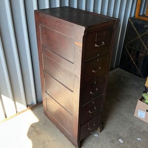 Antique Wood Five Drawer Filing Cabinet