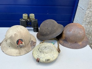 World War Helmet Lot with Canteen and Binoculars