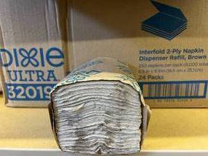 lot 25 image: 1 Case (24 packages of 250 napkins) NEW Georgia-Pacific GP Pro 32019 250-Pack 6.5 x 9.9 Dixie Ultra Interfold 2-Ply Napkin Dispenser Refill - Brown -Box Is Open & Missing A Couple