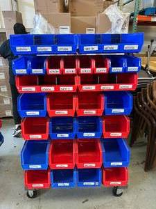 lot 70 image: MSRP $1000 Akro-Mils Storage Supply Mobile Double Sided Bin Rack with Organizer Tray Boxes Bins - In Excellent Condition 58.75 x 38.5