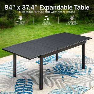 lot 15 image: PHI VILLA Expandable Patio Dining Table Metal Outdoor Table for 6-8 Person Lawn Garden Bistro Rectangular Table, with Adjustable Legs, Black Grates on Top - In Great Condition