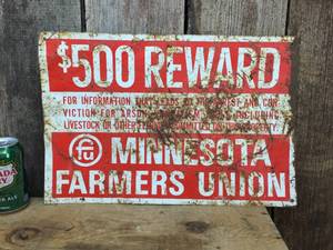 lot 110 image: $500 Reward Farmers Union - Metal Sign 18 x 12