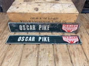 lot 233 image: Pair Vintage Trojan Seeds Dealer Name Plate