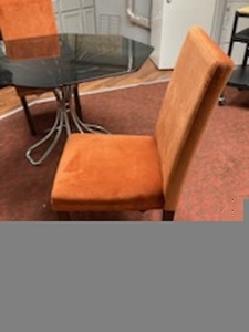 lot 113 image: Vintage metal base table with thick glass top and 2 plush chairs