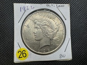 lot 26 image: 1922 Peace Silver Dollar Marked BU When Purchased