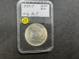 lot 28 image: 1924 Peace Silver Dollar from Original Roll  in Slab Marked Gem BU When Purchased PQ Coin with Great Luster